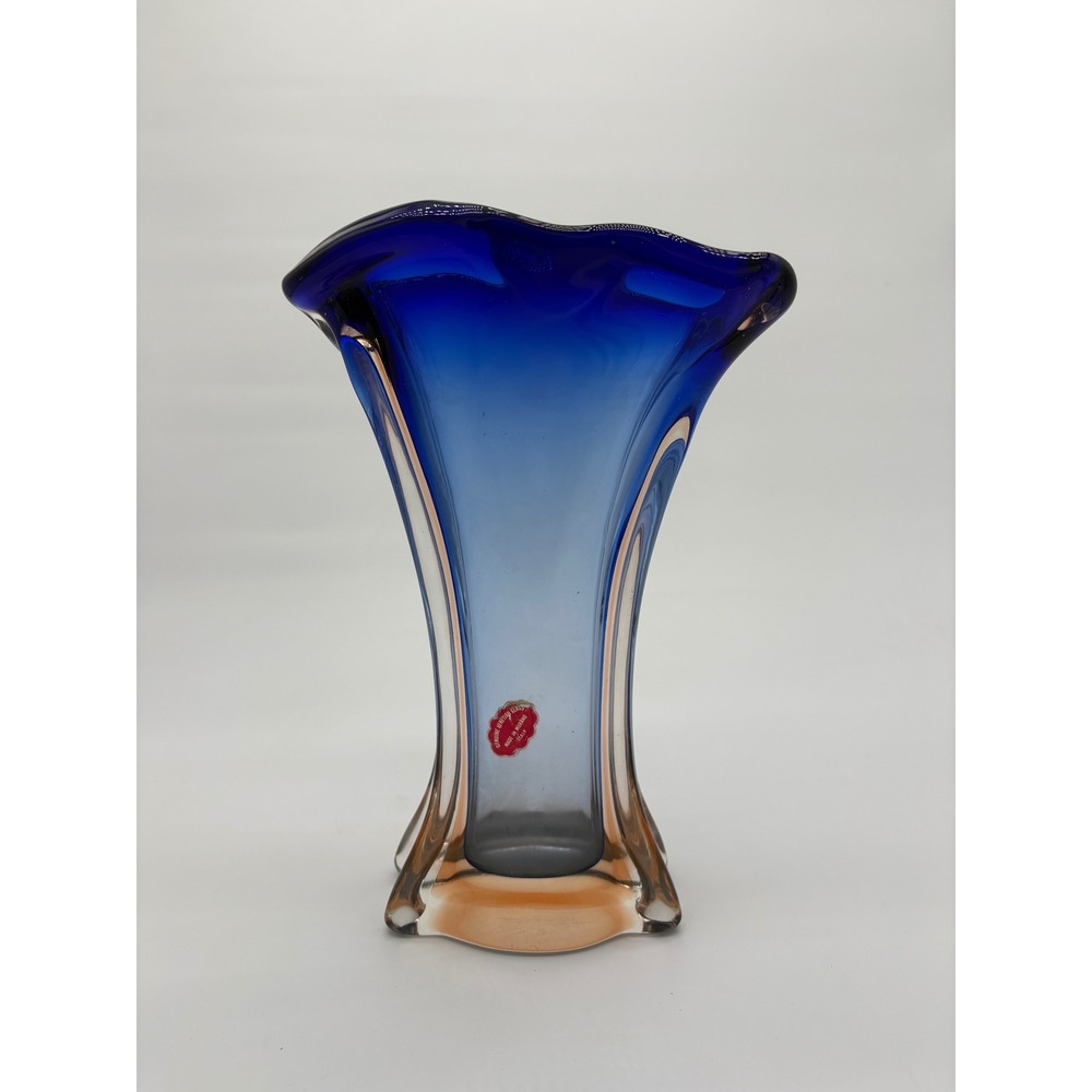 Vintage Murano Italy Blue & Amber Art Glass 12" Ruffle Vase w/ Original Label